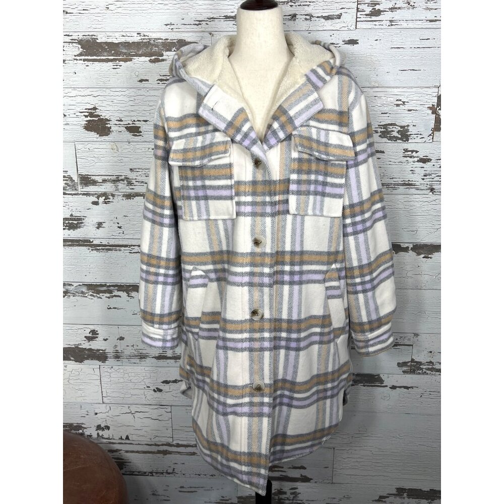 SANCTUARY Hooded Shacket Cream and Gray Plaid Gray Sz L EUC